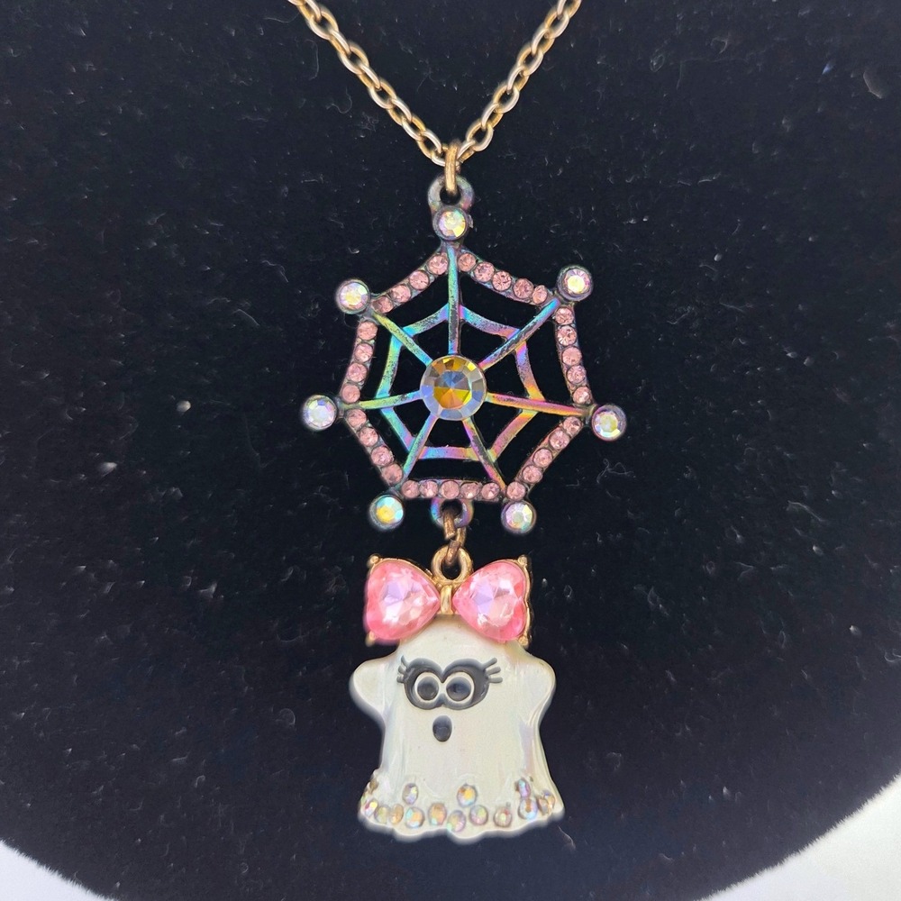 Betsey Johnson Halloween Ghost Girl Spiderweb Necklace Iridescent Gold Tone